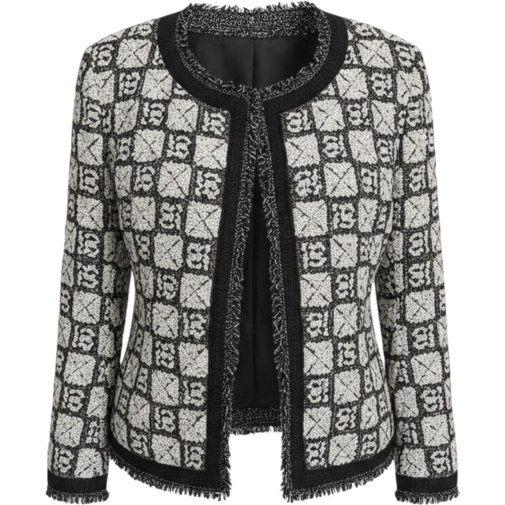 Chanel 10P Sequin Grid Knit Jacket Black White Linen Silk Fringe P37869 Size 44